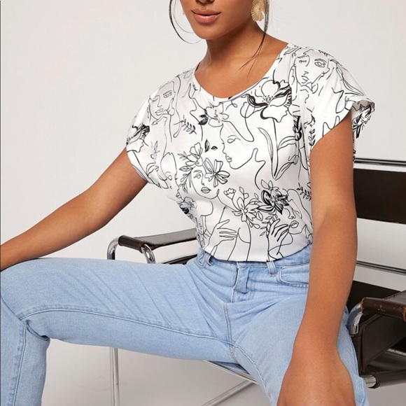 Elegant Classic Abstract Pop Art Floral Print Stain Top Blouse Shirt Black White - Picture 4 of 5